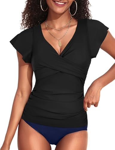 Hilor Black Tummy Control Bathing Suits Top for Women Ruffle Swimsuits Short Sleeve Tankini Top Only 12 - Image 2