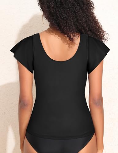 Hilor Black Tummy Control Bathing Suits Top for Women Ruffle Swimsuits Short Sleeve Tankini Top Only 12 - Image 4