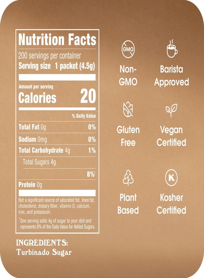 IN THE RAW Sugar Granulated Turbinado Cane Sugar On Go Packet, Pure Natural Sweetener, Hot & Cold Drinks, Coffee, Cooking, Baking, Vegan, Gluten-Free, Non-GMO, 200 Count Packets (1-Pack) - Image 4
