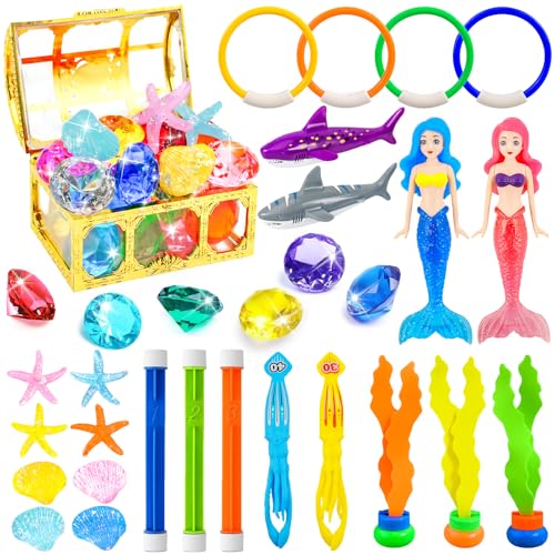 Rileryan 36 PCS Diving Pool Set Diving Rings and Sticks Pirate Treasure Chest Gems Mermaid Underwater Dive Swimming Pool with Storage Bag Summer Swim Water Sinking - Image 1