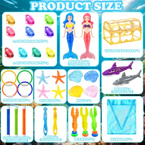 Rileryan 36 PCS Diving Pool Set Diving Rings and Sticks Pirate Treasure Chest Gems Mermaid Underwater Dive Swimming Pool with Storage Bag Summer Swim Water Sinking - Image 5