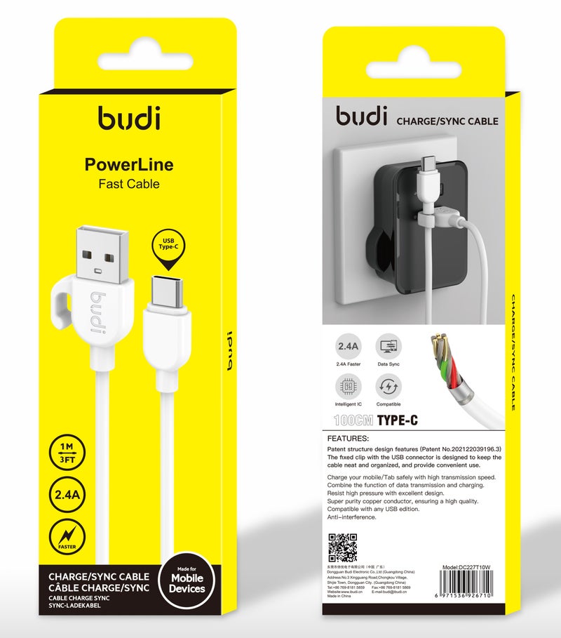 بودي كابل شحن سريع ومزامنة بيانات PowerLine USB Type-C، تيار 2.4 أمبير، طول 1 متر / 3.3 قدم (DC227T10W)، كابل متين للشحن والمزامنة، لون أبيض. - Image 2