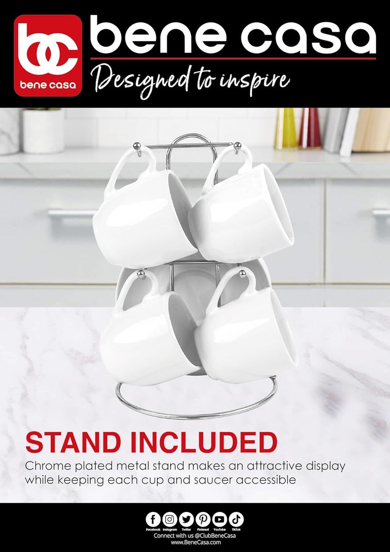 Bene Casa Bene Casa White 9pc Espresso Set WMetal Stand 4 Espresso Cup Set Cup  Saucer Set Juego de Tazas y Platos Blancos con Soporte De Metal - Image 1