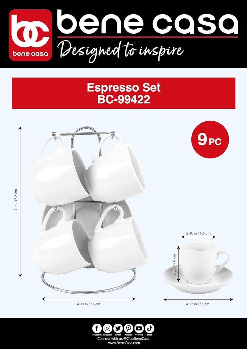 Bene Casa Bene Casa White 9pc Espresso Set WMetal Stand 4 Espresso Cup Set Cup  Saucer Set Juego de Tazas y Platos Blancos con Soporte De Metal - Image 3