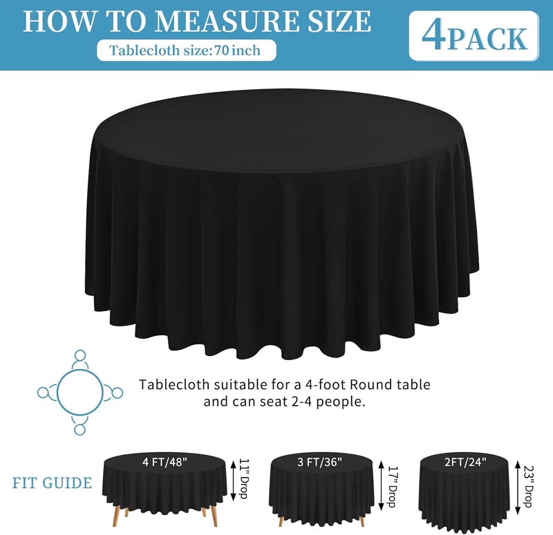 FXKS 4 Packs Black Round Table Cloth 70 Inch Circular Table Cloth, Stain and Resistant Washable Polyester Round Tablecloth Table Cover for Wedding Parties Banquet Reception Gift Table - Image 3