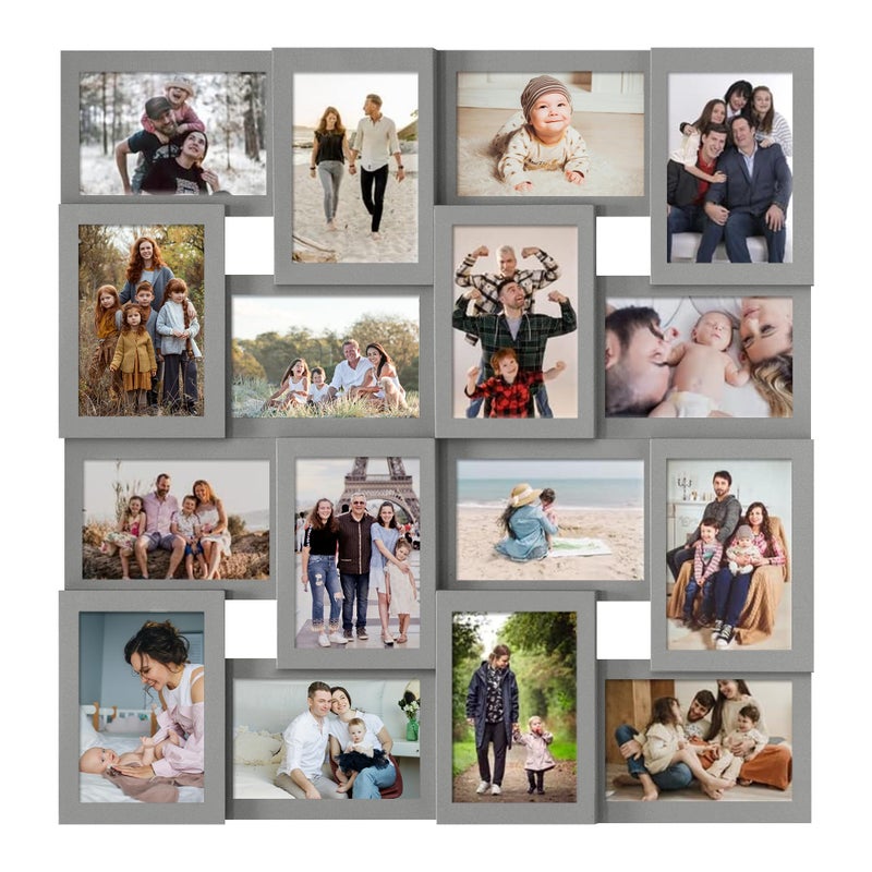 J.M.Deco Collage Picture Frames for Wall 16 Opening, Large Photo Frame Collage Wall Hanging for 4x6 Photo, Reunion Friends Family Memory, Christmas Gift - Grey - Image 1