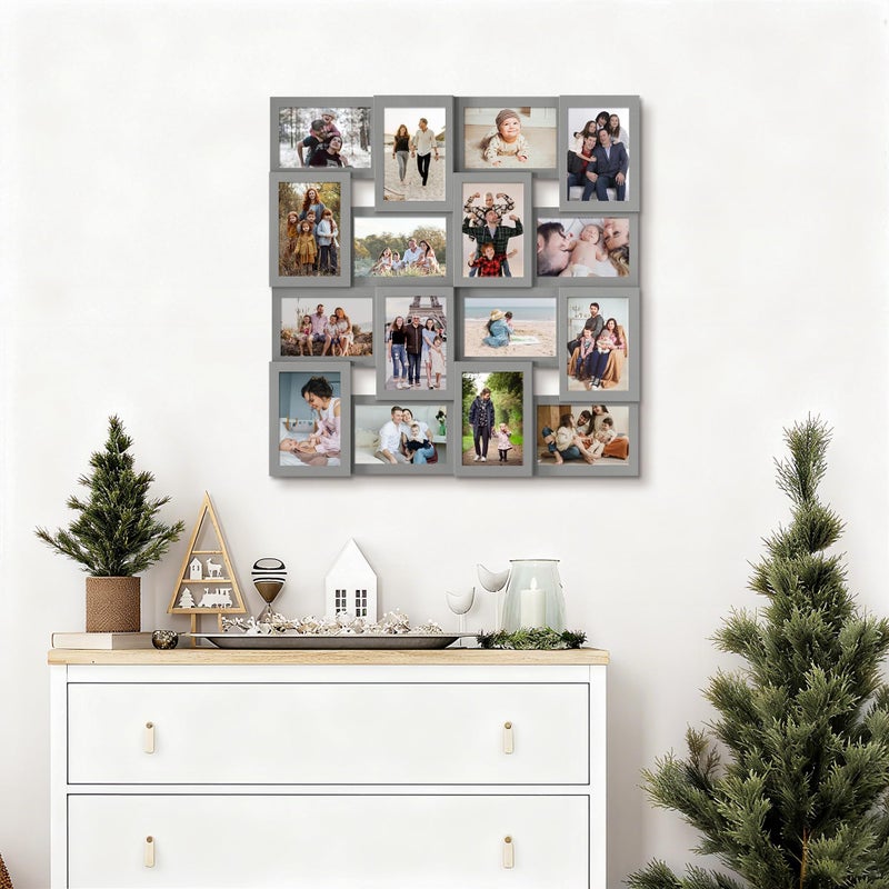 J.M.Deco Collage Picture Frames for Wall 16 Opening, Large Photo Frame Collage Wall Hanging for 4x6 Photo, Reunion Friends Family Memory, Christmas Gift - Grey - Image 2