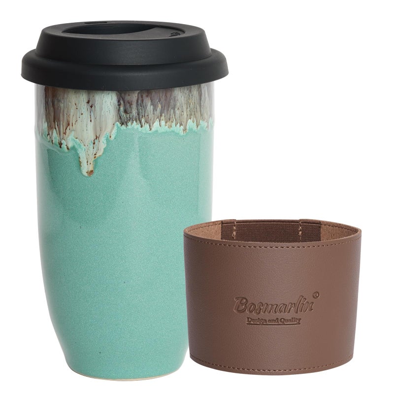 Bosmarlin Ceramic Travel Coffee Cup with Lid 16 Oz Portable Coffee Mug for Car Cup Holder Microwave and Dishwasher Safe Reactive Glaze Peacock Blue 16 Oz - Image 2