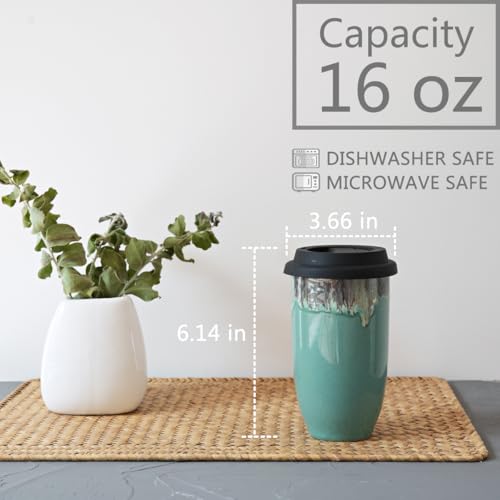 Bosmarlin Ceramic Travel Coffee Cup with Lid 16 Oz Portable Coffee Mug for Car Cup Holder Microwave and Dishwasher Safe Reactive Glaze Peacock Blue 16 Oz - Image 3