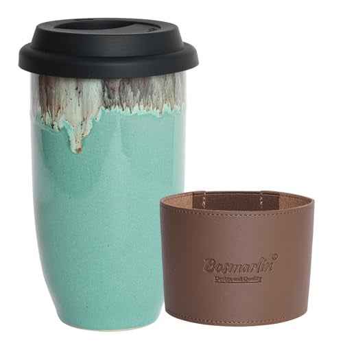 Bosmarlin Ceramic Travel Coffee Cup with Lid 16 Oz Portable Coffee Mug for Car Cup Holder Microwave and Dishwasher Safe Reactive Glaze Peacock Blue 16 Oz - Image 1