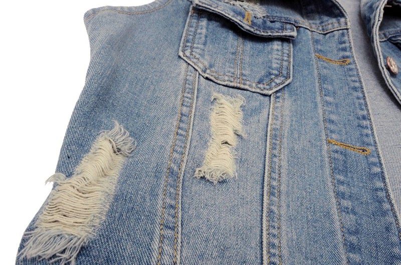 Kedera Womens Denim Jean Vest Classic Junior Button Up Cropped Distressed Sleeveless Jean Jacket - Image 5