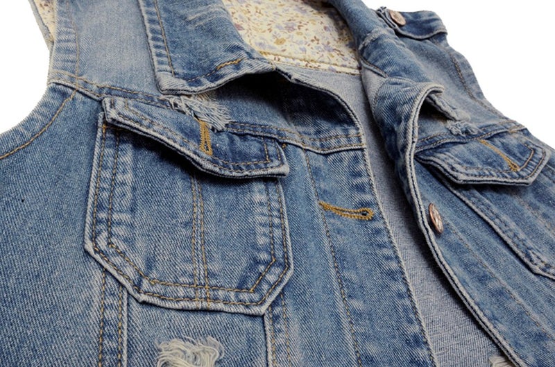 Kedera Womens Denim Jean Vest Classic Junior Button Up Cropped Distressed Sleeveless Jean Jacket - Image 4