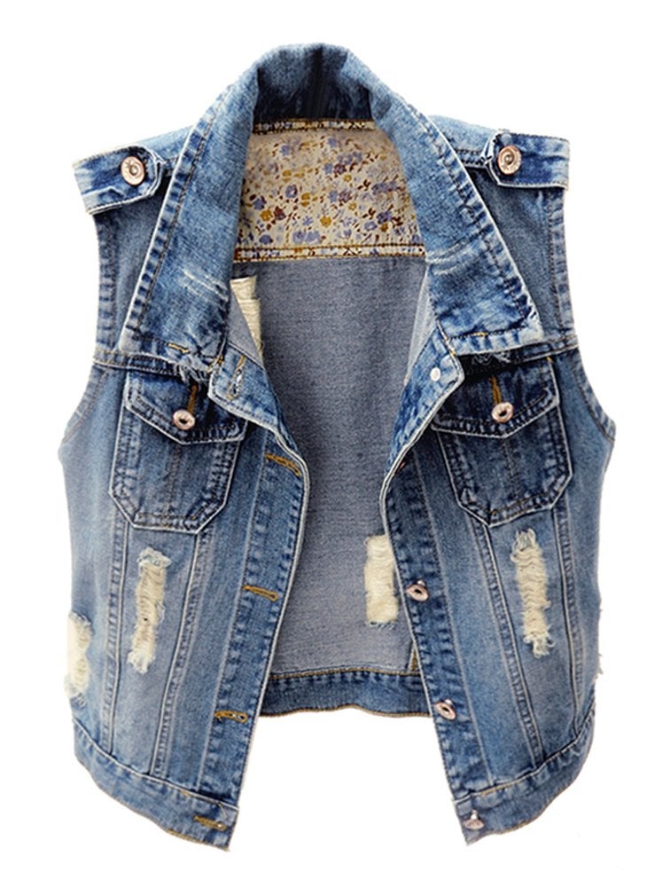 Kedera Womens Denim Jean Vest Classic Junior Button Up Cropped Distressed Sleeveless Jean Jacket - Image 1