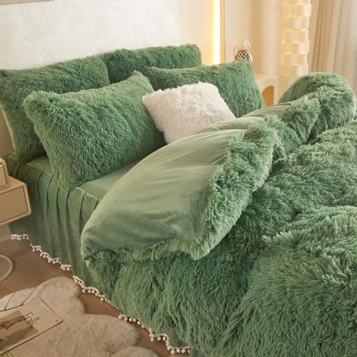 HAIHUA Faux Fur Sage Green Comforter Cover Queen Set, Soft Fluffy Shaggy Sage Green Bedding Queen Set 3 Pieces (1 Fuzzy Duvet Cover + 2 Plush Pillow Cases) Furry Bed Set, Zipper Closure - Image 3