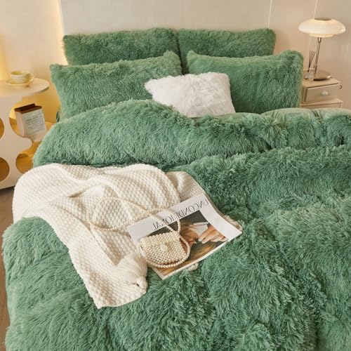 HAIHUA Faux Fur Sage Green Comforter Cover Queen Set, Soft Fluffy Shaggy Sage Green Bedding Queen Set 3 Pieces (1 Fuzzy Duvet Cover + 2 Plush Pillow Cases) Furry Bed Set, Zipper Closure - Image 4