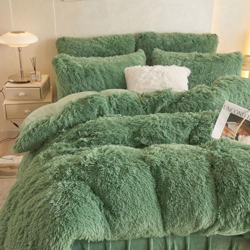 HAIHUA Faux Fur Sage Green Comforter Cover Queen Set, Soft Fluffy Shaggy Sage Green Bedding Queen Set 3 Pieces (1 Fuzzy Duvet Cover + 2 Plush Pillow Cases) Furry Bed Set, Zipper Closure - Image 5