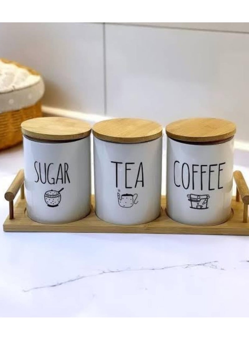 Generic Ceramic Jar Set with Wooden Lids and Tray – 3-Piece Storage for Sugar, Tea & Coffee – Modern Kitchen Organizer - Image 1