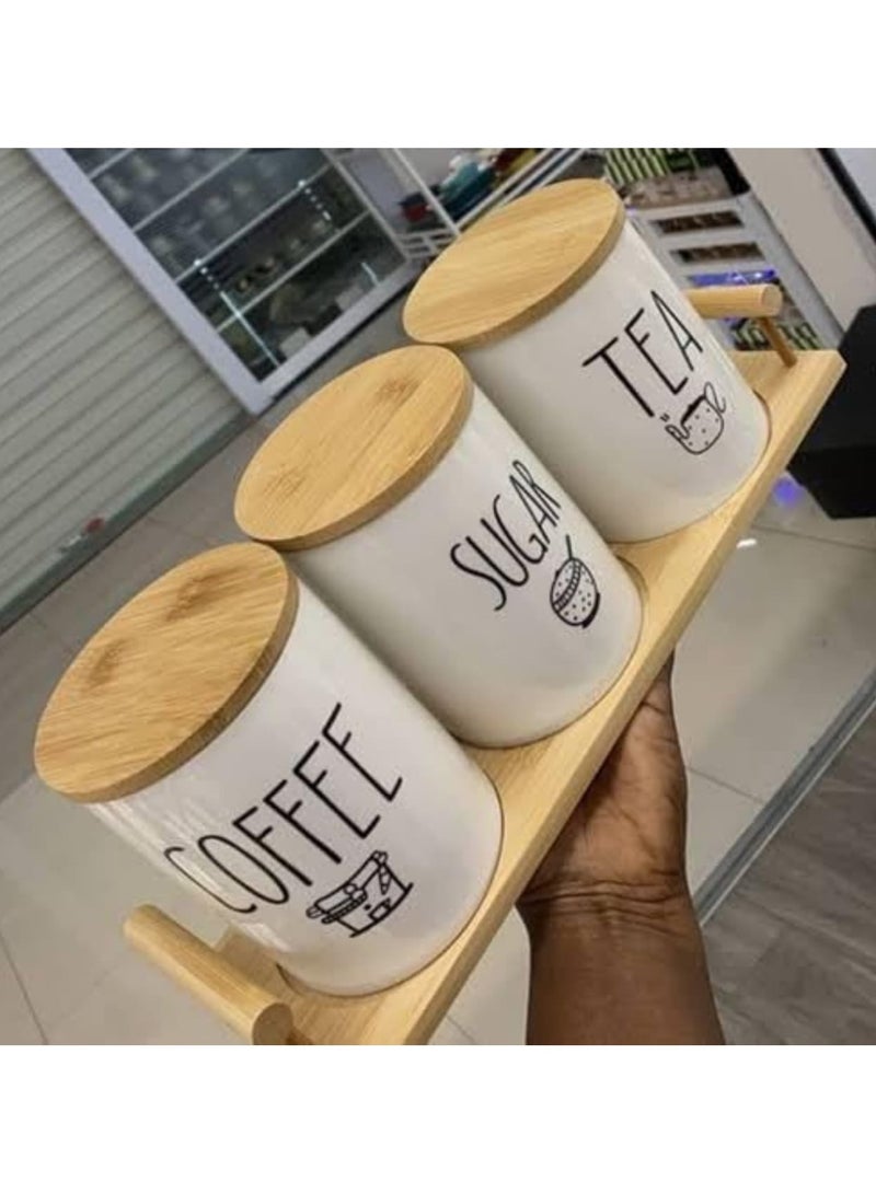Generic Ceramic Jar Set with Wooden Lids and Tray – 3-Piece Storage for Sugar, Tea & Coffee – Modern Kitchen Organizer - Image 2