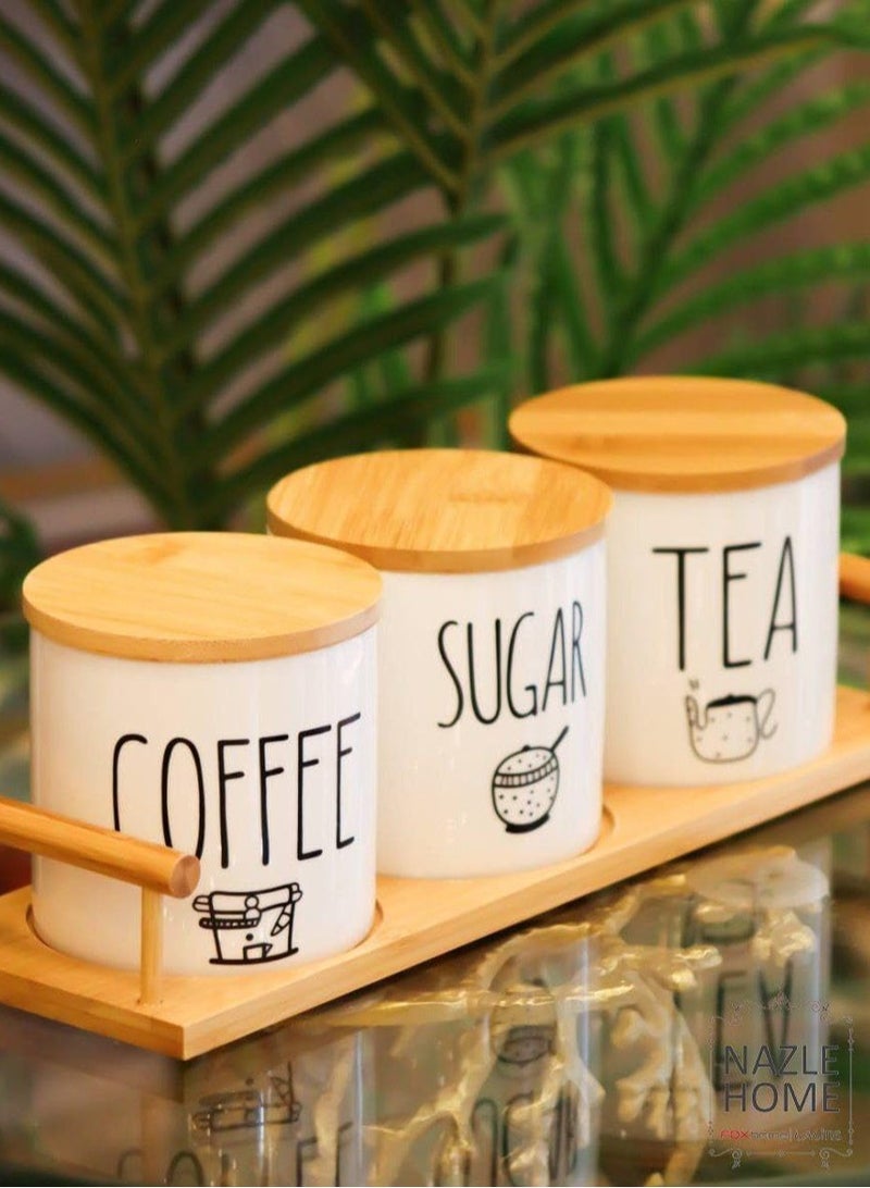 Generic Ceramic Jar Set with Wooden Lids and Tray – 3-Piece Storage for Sugar, Tea & Coffee – Modern Kitchen Organizer - Image 3