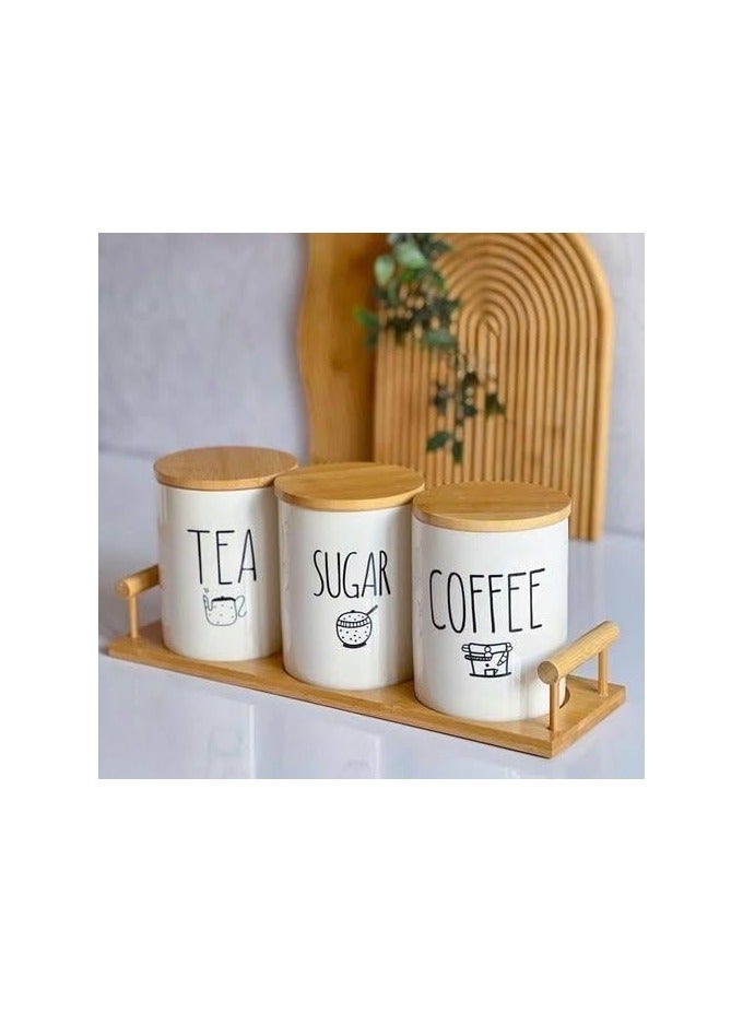 Generic Ceramic Jar Set with Wooden Lids and Tray – 3-Piece Storage for Sugar, Tea & Coffee – Modern Kitchen Organizer - Image 4