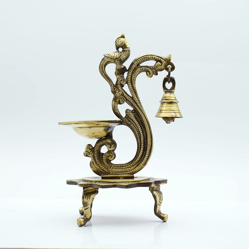 Puja N Pujari Peacock Design Brass Diya with Bell for Home Temple Mandir and Diwali  - Image 1