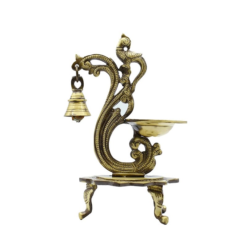 Puja N Pujari Peacock Design Brass Diya with Bell for Home Temple Mandir and Diwali  - Image 2