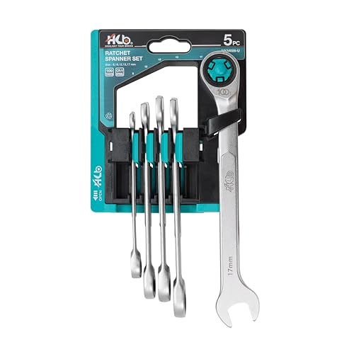 HB 5Piece Ratchet Wrench Set WKM006U 100Tooth Metric Wrenches 817mm with 12Point Box End 15 Offset Angle PassThrough Design for Long Bolts Chrome Vanadium Steel Rack Organizer Made in Taiwan - Image 1