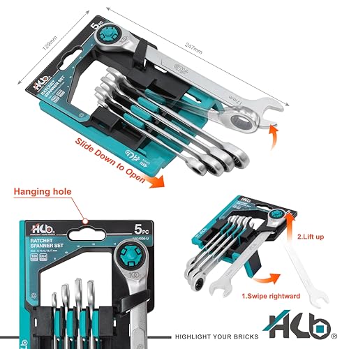 HB 5Piece Ratchet Wrench Set WKM006U 100Tooth Metric Wrenches 817mm with 12Point Box End 15 Offset Angle PassThrough Design for Long Bolts Chrome Vanadium Steel Rack Organizer Made in Taiwan - Image 3