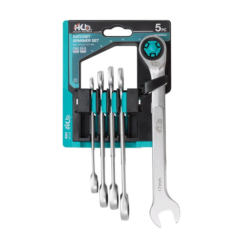 HB 5Piece Ratchet Wrench Set WKM006U 100Tooth Metric Wrenches 817mm with 12Point Box End 15 Offset Angle PassThrough Design for Long Bolts Chrome Vanadium Steel Rack Organizer Made in Taiwan - Image 2