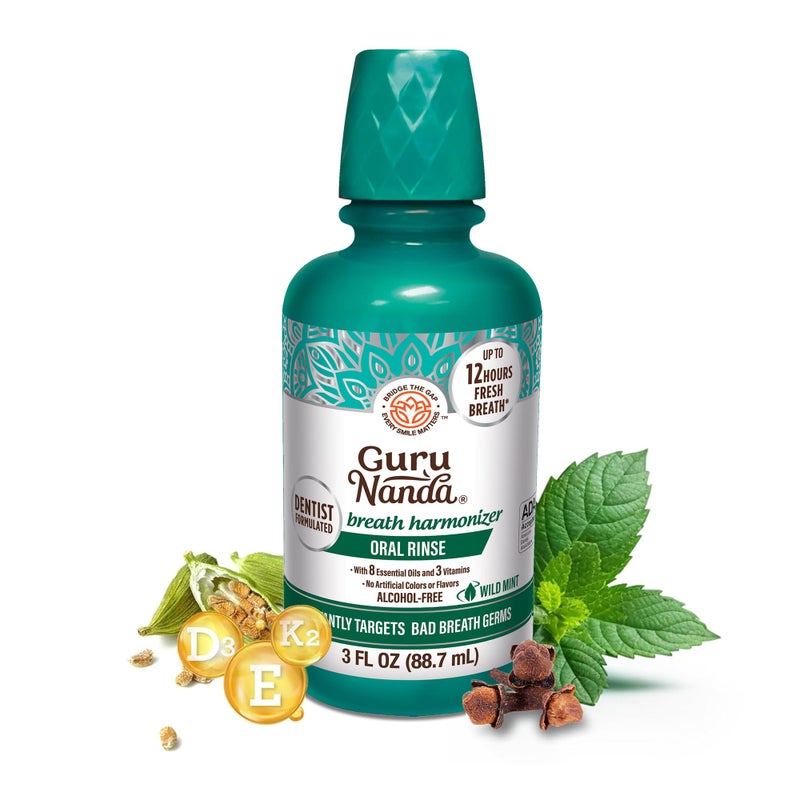 GuruNanda Fresh Breath Mouthwash, ADA-Accepted, Alcohol & Fluoride-Free, Sodium Chlorite, Essential Oils & Vitamins, 12-Hrs Fresh Breath, Wild Mint, 3 oz - Image 1