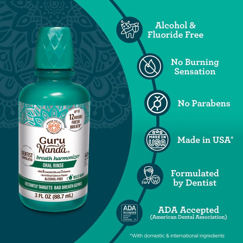 GuruNanda Fresh Breath Mouthwash, ADA-Accepted, Alcohol & Fluoride-Free, Sodium Chlorite, Essential Oils & Vitamins, 12-Hrs Fresh Breath, Wild Mint, 3 oz - Image 4