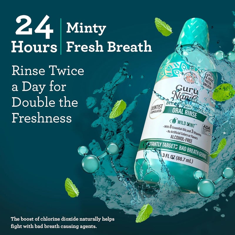 GuruNanda Fresh Breath Mouthwash, ADA-Accepted, Alcohol & Fluoride-Free, Sodium Chlorite, Essential Oils & Vitamins, 12-Hrs Fresh Breath, Wild Mint, 3 oz - Image 3