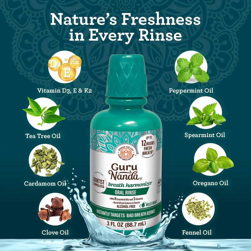 GuruNanda Fresh Breath Mouthwash, ADA-Accepted, Alcohol & Fluoride-Free, Sodium Chlorite, Essential Oils & Vitamins, 12-Hrs Fresh Breath, Wild Mint, 3 oz - Image 2