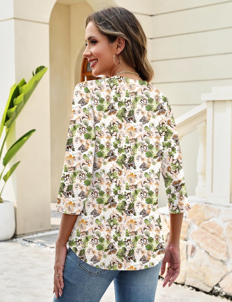 LUYAA Womens Summer Tops 3 4 Sleeve T Shirts for Women V Neck Womens Button Down Shirt Ladies Tops and Blouses Teacher Outfits Watercolor Green Floral XL - Image 2