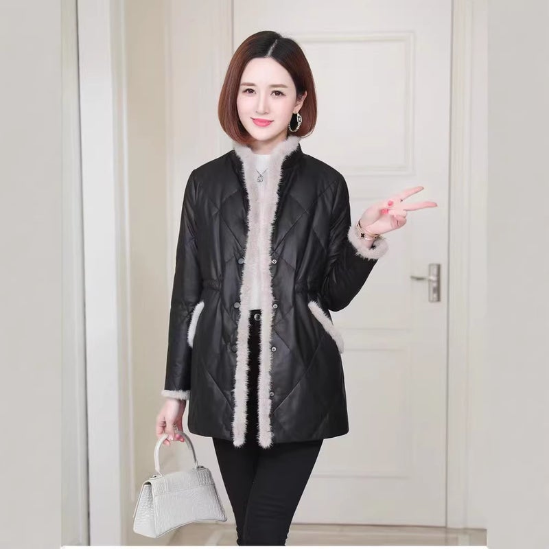 Women's Winter Thick Quilted Leather Jacket Mid-Length Casual Coat