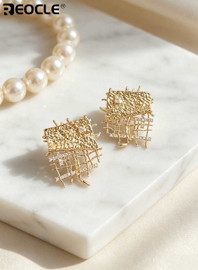 REOCLE Women's Textured Geometric Earrings Renaissance-Inspired Earrings Open-Frame Grid Design Retro-Chic Statement Earrings for Daily Wear & Modern Vintage Styling - Image 3