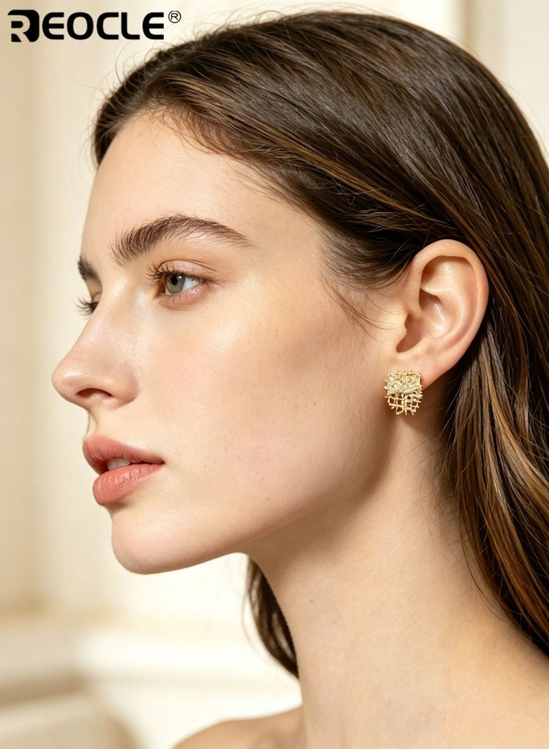 REOCLE Women's Textured Geometric Earrings Renaissance-Inspired Earrings Open-Frame Grid Design Retro-Chic Statement Earrings for Daily Wear & Modern Vintage Styling - Image 4