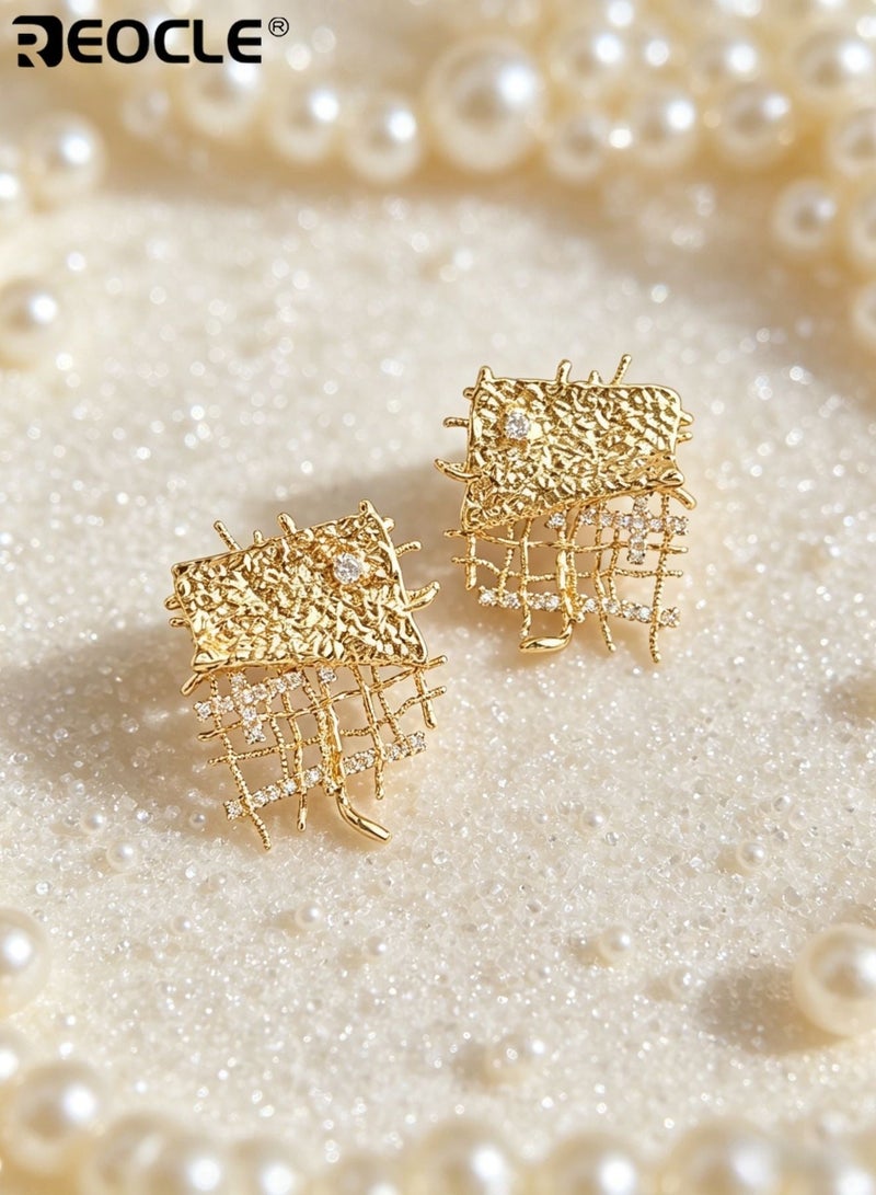REOCLE Women's Textured Geometric Earrings Renaissance-Inspired Earrings Open-Frame Grid Design Retro-Chic Statement Earrings for Daily Wear & Modern Vintage Styling - Image 1