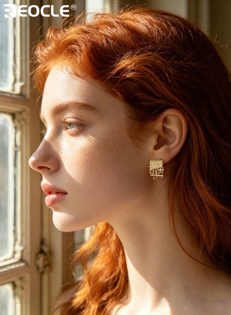 REOCLE Women's Textured Geometric Earrings Renaissance-Inspired Earrings Open-Frame Grid Design Retro-Chic Statement Earrings for Daily Wear & Modern Vintage Styling - Image 2