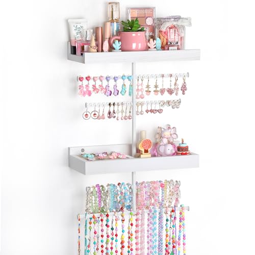 Keebofly Wall Mounted Jewelry Organizer with 2 Tired Shelves & Ring Holder- Jewelry Holder Wall Storage Display for Earrings, Necklace, Bracelet, Hair Accessories for girls in Bathroom Bedroom, White - Image 1