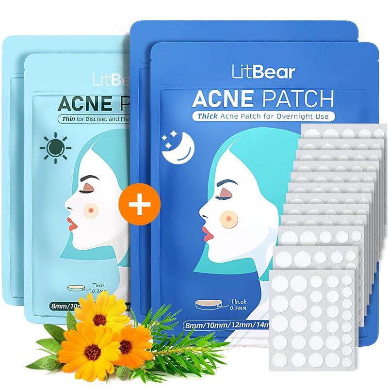 LitBear LitBear Acne Pimple Patches Day and Night 4 Sizes 360 Dots Thin  Thick Hydrocolloid Patches with Witch Hazel Tea Tree  Calendula Oil Extra Adhesion Pimple Patches for Face Zit Patch Acne Dots 
