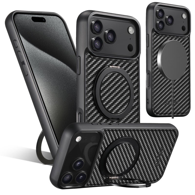 Suteni For Iphone 17 Pro G3 Carbon Fiber Leather 360 Rotation Holder Magsafe Phone Case(Black) - Image 1