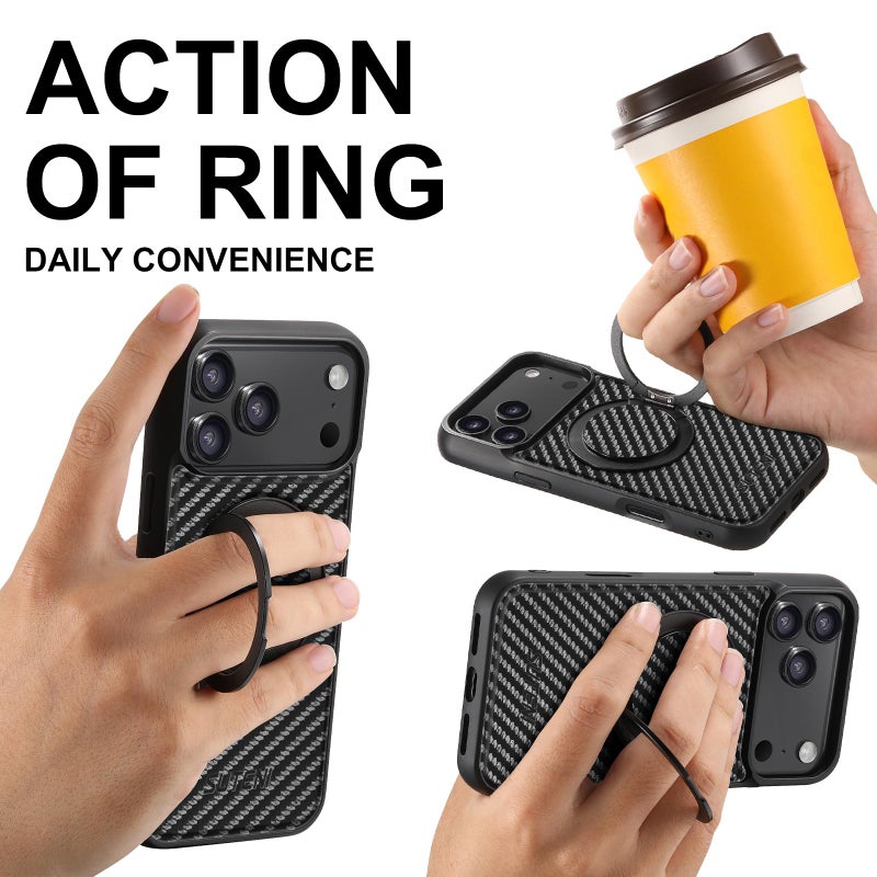 Suteni For Iphone 17 Pro G3 Carbon Fiber Leather 360 Rotation Holder Magsafe Phone Case(Black) - Image 2