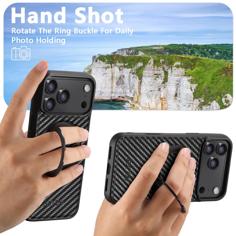 Suteni For Iphone 17 Pro G3 Carbon Fiber Leather 360 Rotation Holder Magsafe Phone Case(Black) - Image 3