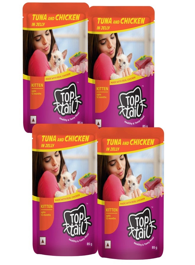 Top tail طعام توب تيل الرطب للقطط الصغيرة بنكهة الجيلي، 340 غرام (85 غرام × 4 أكياس)، تركيبة ممتازة من التونة والدجاج، نظام غذائي غني بالبروتين للقطط النامية، مدعم بزيت السلمون والتورين. - Image 1
