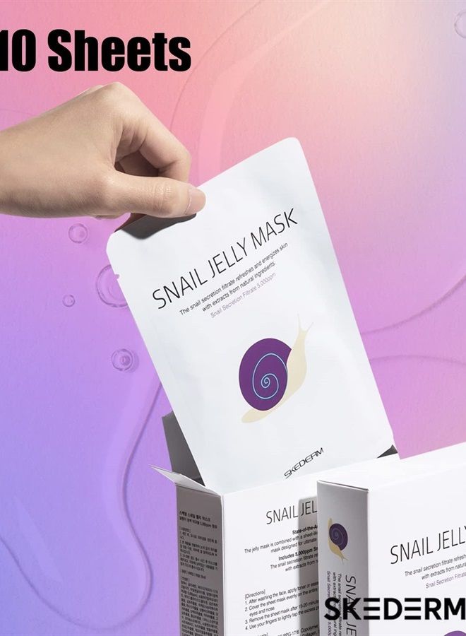 Skederm Korean Face Mask Snail Jelly Sheet Mask 10 Sheets Hydrating Sheet Mask Anti-Wrinkle Korean Skin Care Anti-Aging Sheets Pack Moisturizing Snail Secretion Filtrate 30,000ppm - Image 4