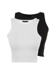 trendyol Black and White 2-Pack Fitted Crop Halterneck Ribbed Flexible Knit Single Singlet TWOSS21AL0058. 