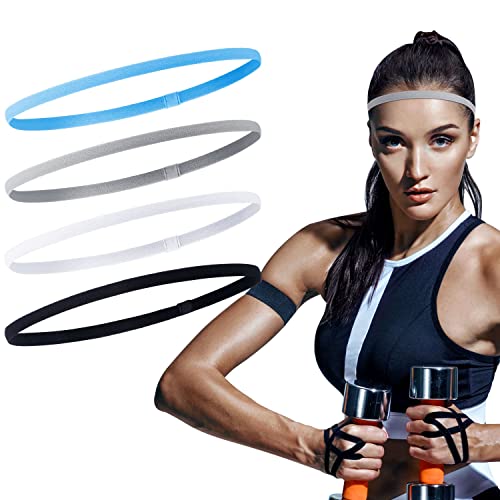 Sumind 4 Pieces Thick Non-Slip Elastic Sport Men Thin Headbands Football Hair Headbands for Women(Black, White, Gray, Blue) - Image 1