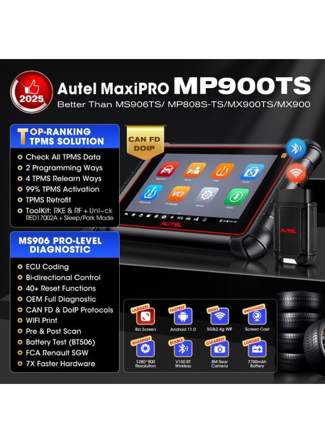 Autel MaxiPRO MP900TS Scanner, 2025 8in MP900-TS up of MaxiSYS MS906 PRO MS906TS MP900-BT MK900-TS, Top TPMS as MS906 Pro-TS, ECU Coding, Bidirectional Scan Tool, 40+ Service, All System, CAN FD&DOIP - Image 2