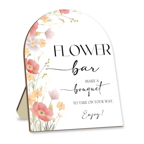 Hatzelou Flower Bar Wooden Sign with Stand, Pink Floral Bridal Shower Sign, Wedding Welcome Sign, Wedding Decor Supplies, Party Supplies for Wedding Reception 8 x 10 In - Image 1